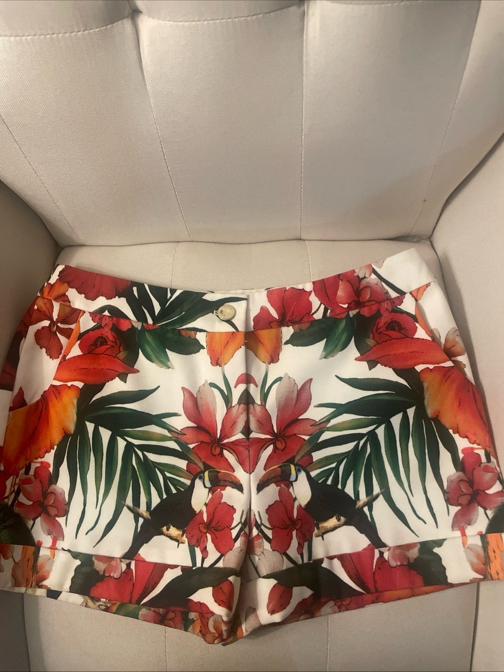 Ted Baker White Tropical Floral High-Waist Shorts with Red & Green Accents